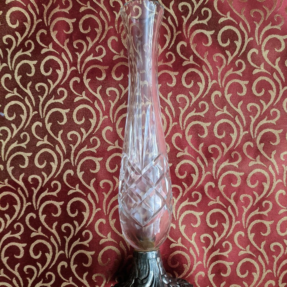 Long Tall Thin Neck Small Glass Vase w/ Metal Base